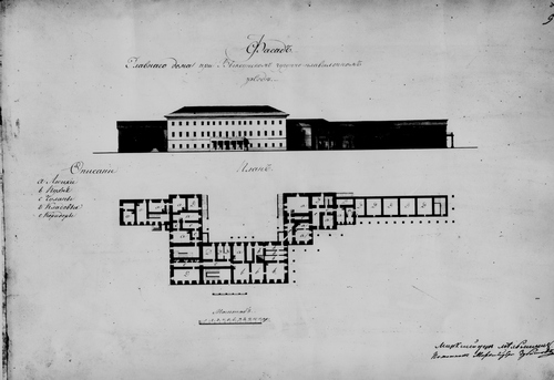 Фасад и план первого этажа главного усадебного дома. Фиксационные чертежи, 1830-е гг. (РГИА)