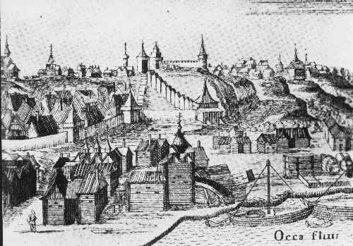 Гравюра с видом Нижнего Новгорода из книги Адама Олеария «Описание путешествия в Московию» издания 1656 года. Фрагмент.