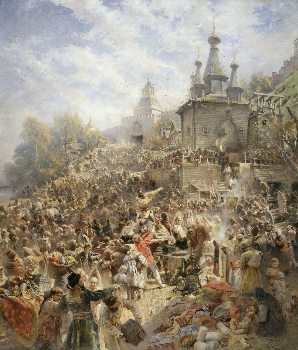 К.Е. Маковский. Минина на площади Нижнего Новгорода, призывающий народ к пожертвованиям (1896)