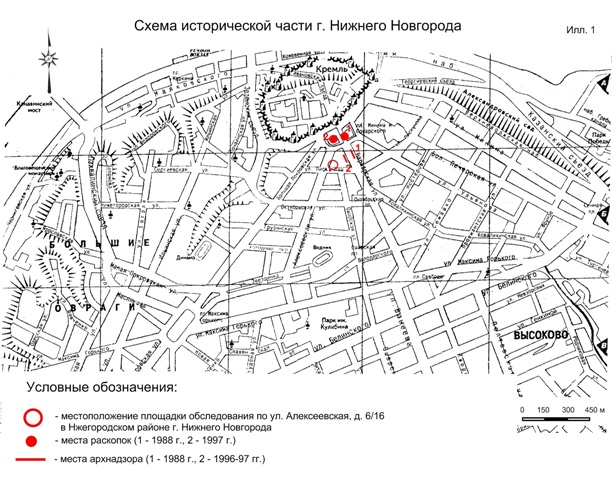 Схема исторической части г. Нижнего Новгорода с указанием местоположения площадки обследования на пересечении ул. Алексеевская и ул. Пискунова в Нижегородском районе г. Нижнего Новгорода