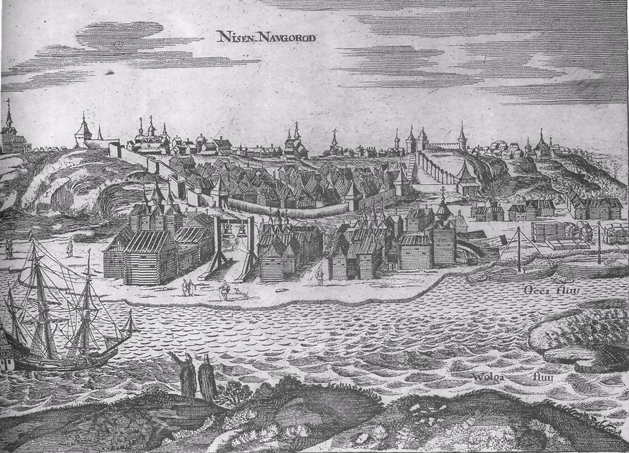 Вид Нижнего Новгорода 1639 г. Гравюра из книги Адама Олеария «Описание путешествия в Московию». Фрагмент