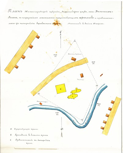 План села Большие Поляны с показанием местоположения деревянных храмов. 1909. ОР НА ИИМК РАН