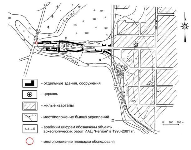 План Саровского городища (по Н.Н. Грибову) с указанием местоположения