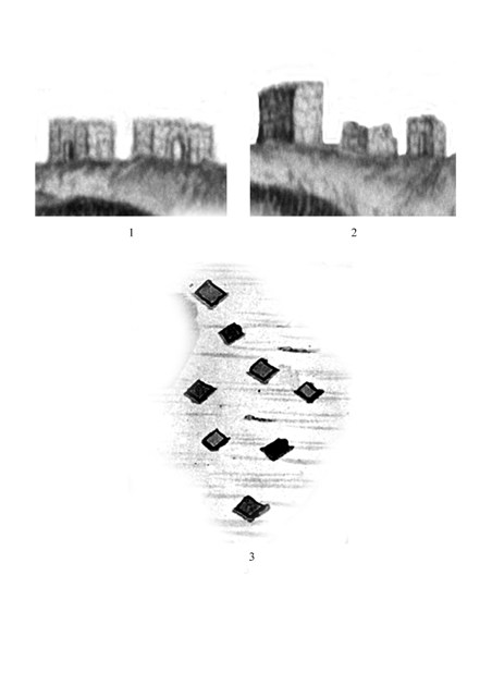 Фасадные мавзолеи Маджара: 1-2 – на рисунке М.Некрасова; 3 – на плане А.Голохвостова